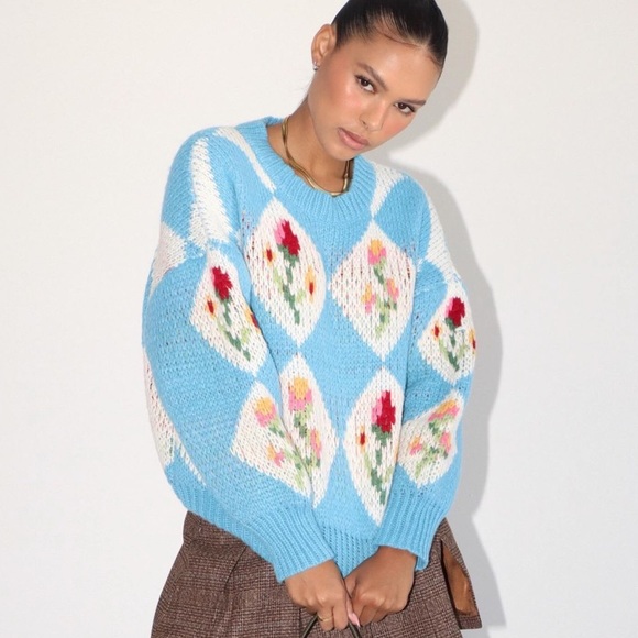 Bailey Rose light pastel blue floral oversized checkered knit sweater size small - Picture 1 of 3